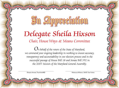 Certificate to Del. Hixson